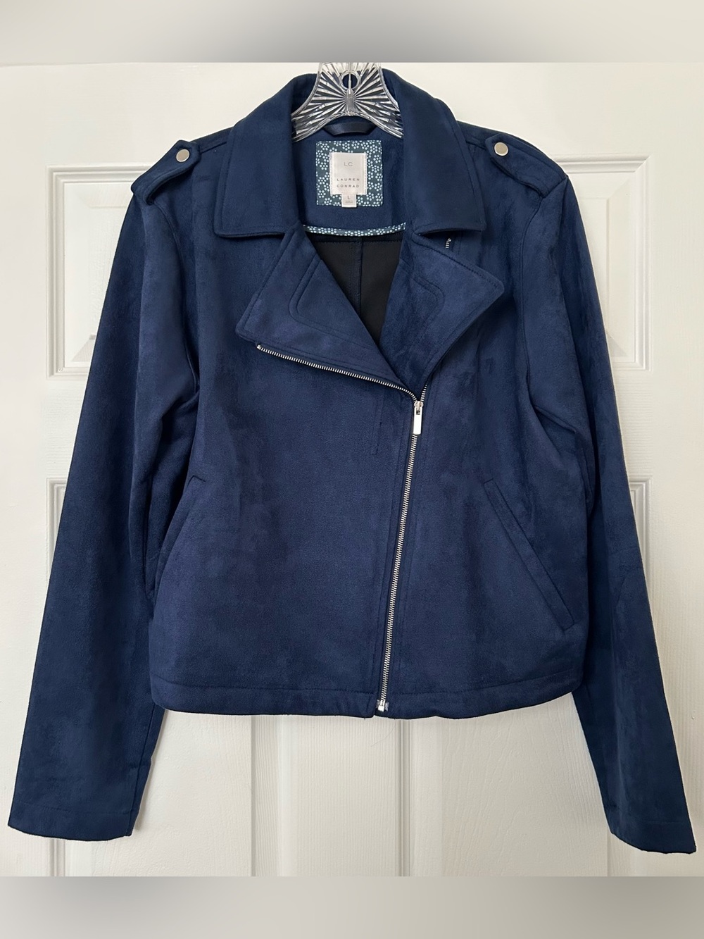 LC Lauren Conrad Navy Faux Suede Moto Jacket Size L